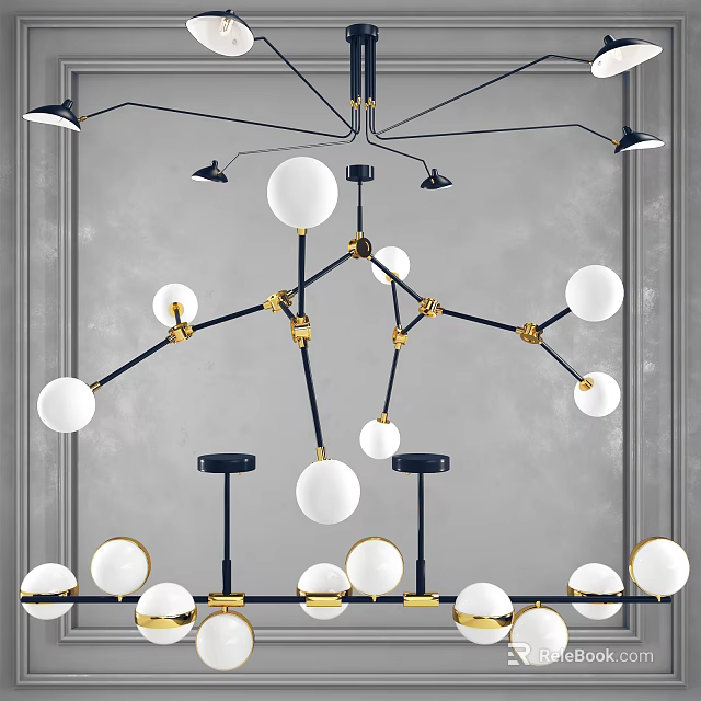 Modern Chandelier With Black Gold Metal Frame And Spherical White Bulbs 3d model 