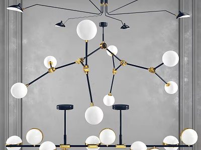 Modern Chandelier With Black Gold Metal Frame And Spherical White Bulbs 3d model