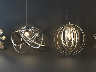 Modern Geometric Pendant Lights With Circular Metal Frames And Illuminated Central Globe Design 3d model