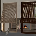 Interior With Light And Dark Wooden Screens Fireplace Firewood Cat And Green Plants