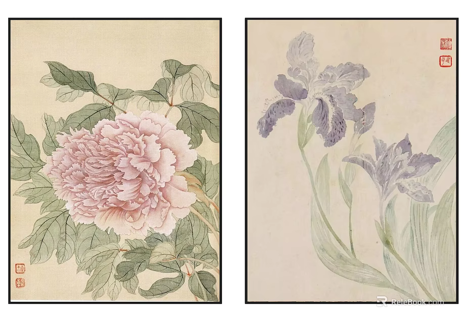 Traditional Botanical Paintings Featuring Pink Peony Purple Iris and Green Leaves 3d model 