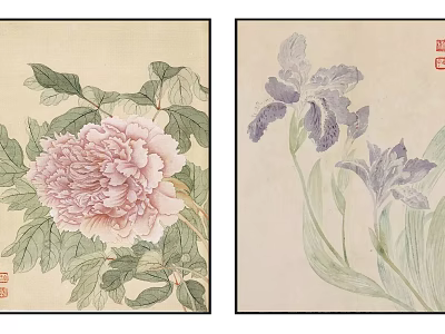 Traditional Botanical Paintings Featuring Pink Peony Purple Iris and Green Leaves 3d model
