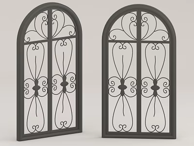Arched Wrought Iron Windows With Intricate Scroll Patterns And Black Frames 3d model