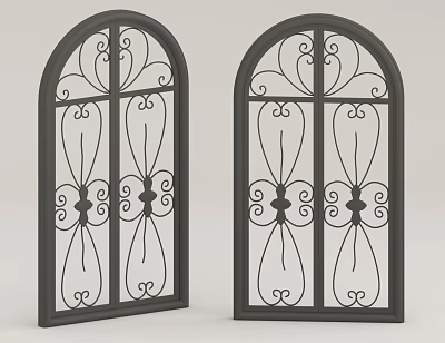 Arched Wrought Iron Windows With Intricate Scroll Patterns And Black Frames 3d model