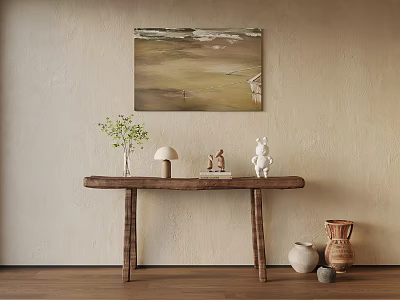 Beige Wall Interior With Landscape Painting Wooden Console Table Green Plant And Ceramic Vases 3d model