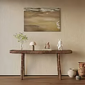 Beige Wall Interior With Landscape Painting Wooden Console Table Green Plant And Ceramic Vases