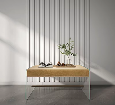 Glass Legged Footstool with Open Book Pine Cones and Green Plant Against Vertical Striped Wall 3d model