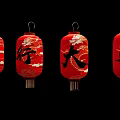 Red Lanterns With Black Chinese Characters Arranged Four In A Row On Black Background
