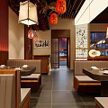 Traditional Hotpot Restaurant Interior With Red Lanterns And Wooden Dining Tables