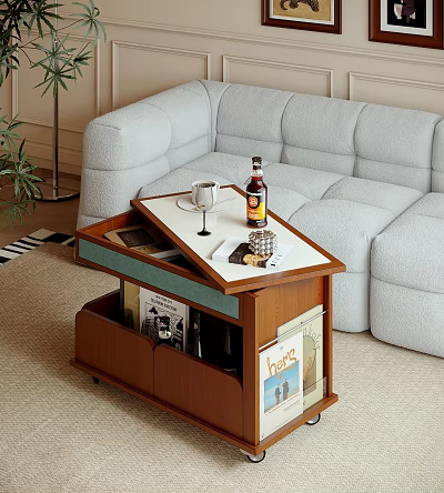 Modern Wooden Coffee Table with Storage Holding Magazine Cup And Bottle In Living Room Setting 3d model