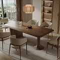 Modern Dining Table Set With Chairs Pendant Light And Shelves On Rug By Window View