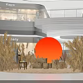 Stylish Shopping Mall Interior Decor With Red Circular Backdrop Golden Reeds Sofa And Ornaments