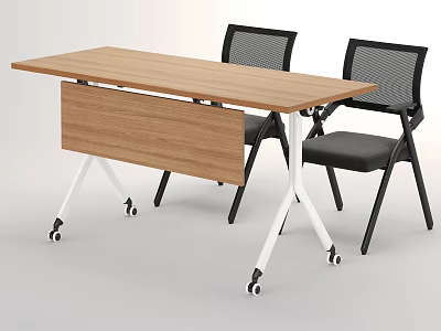 Wooden Top Conference Table With White Legs On Wheels And Black Mesh Back Chairs 3d model