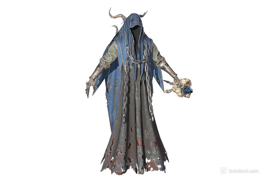Horned Cloaked Game Movie Character In Blue Gray Tattered Robe Holding Mystical Staff 3d model 