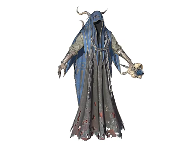 Horned Cloaked Game Movie Character In Blue Gray Tattered Robe Holding Mystical Staff 3d model