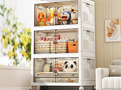 Multi Layer Wheeled Storage Cabinet with Transparent Drawers Storing Stuffed Toys in Home Interior 3d model