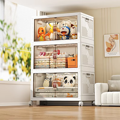 Multi Layer Wheeled Storage Cabinet with Transparent Drawers Storing Stuffed Toys in Home Interior 3d model