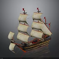 Detailed Model Sailing Ship With White Sails And Red Flags On Wooden Hull