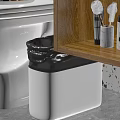 Clean Public Toilet Facility With White Commode Trash Bin And Wooden Cabinet