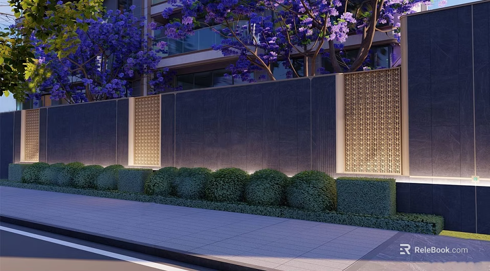 Decorative Feature Wall With Purple Flowers Green Shrubs And Lattice Panels Along Walkway 3d model 