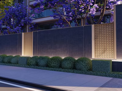Decorative Feature Wall With Purple Flowers Green Shrubs And Lattice Panels Along Walkway 3d model