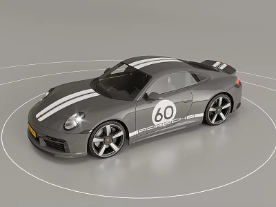 Gray Porsche Sports Car With 60 Logo White Stripes And Sleek Alloy Wheels 3d model