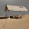 Outdoor Shade Canopy With Wooden Tables And Chairs In Sandy Setting 3d model