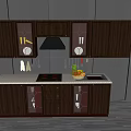 Dark Brown Wooden Kitchen Cabinets With Countertop Stove And Fruit Basket