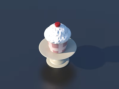 Tasty Cupcake With Pink And White Checkered Cup White Frosting Red Cherry On Cake Stand 3d model