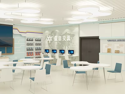 Modern Wine Rack In Stylish Information Exchange Space With Round Tables And Blue Chairs 3d model
