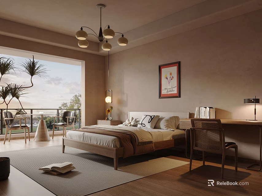 Cozy Modern Bedroom Interior With King Size Bed Chandelier Large Window Artwork And Wooden Floor 3d model 