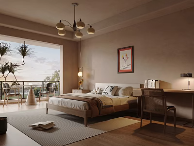 Cozy Modern Bedroom Interior With King Size Bed Chandelier Large Window Artwork And Wooden Floor 3d model