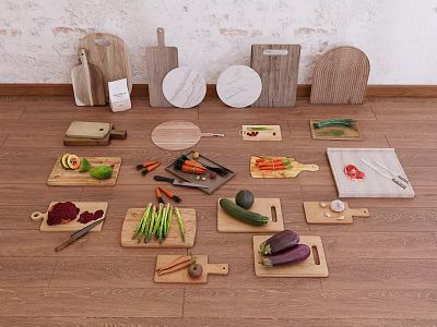 Wooden Cutting Boards And Kitchen Knives With Fresh Vegetables For Cooking Preparation 3d model