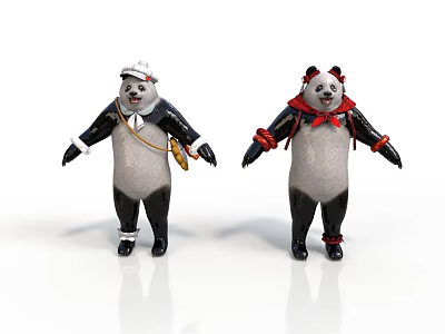 Two Stuffed Panda Dolls In Different Costumes With White Hat And Red Bow 3d model