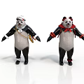 Two Stuffed Panda Dolls In Different Costumes With White Hat And Red Bow