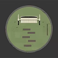 Outdoor Swing Chair With White Wooden Frame In Circular Grass Area And Wooden Pathway