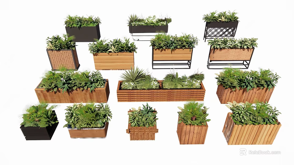 Assorted Green Plants in Decorative Wooden and Metal Planters for Home 3d model 