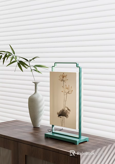 Modern Table Lamp With Green Frame And Lotus Flower Design On White Blinds Background 3d model 