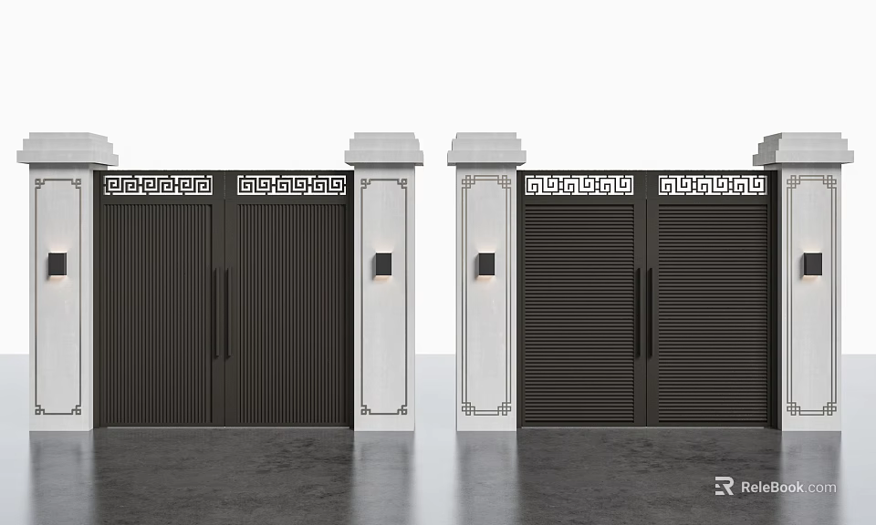 Building Exterior With Black Metal Gates And White Pillars With Decorative Tops 3d model 