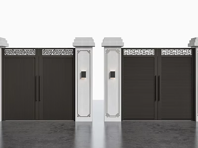 Building Exterior With Black Metal Gates And White Pillars With Decorative Tops 3d model