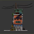 Colorful Multi Story Small Building With Utility Pole Power Lines Green Vines And Staircase