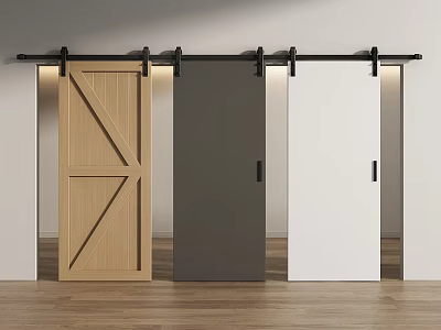Sliding Barn Doors with Wooden Dark Gray and White Designs on Metal Track in Interior 3d model
