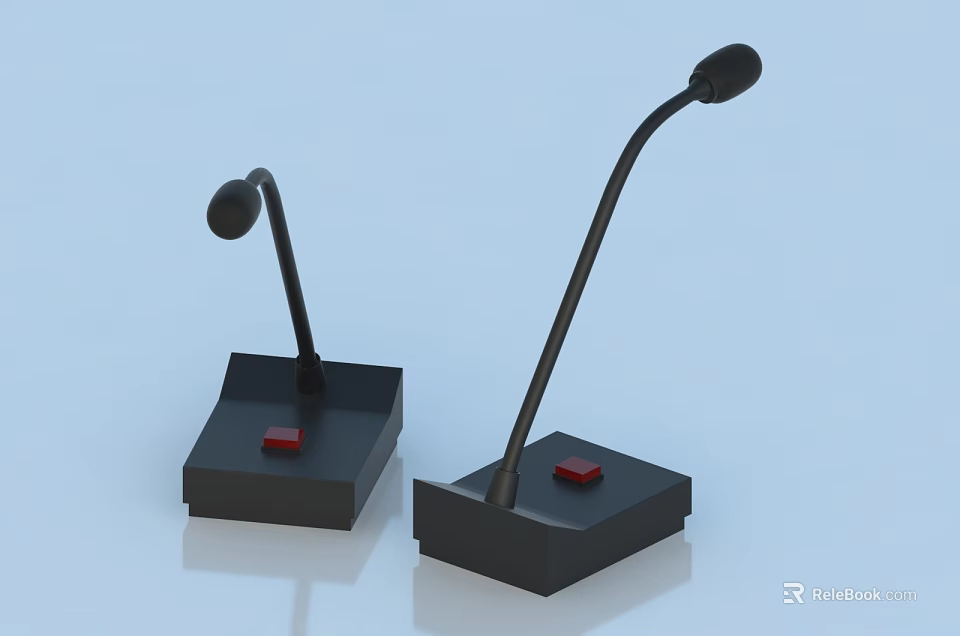Two Black Headphone Speaker Microphones With Square Base Red Button And Flexible Arm 3d model
