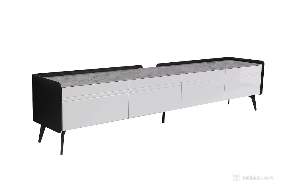 Modern TV Stand With White Cabinets Black Frame And Storage Drawers 3d model 