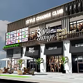 Modern Commercial Street With Colorful Storefronts Awnings Outdoor Seating And Paved Plaza