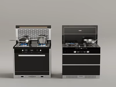 Modern Black Integrated Kitchen Cookers With Gas Burners Range Hoods And Control Panels 3d model