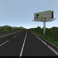 Wide Asphalt Highway Roadside Facilities With Billboard Guardrail And Green Mountain Vegetation