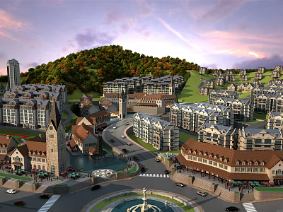 Aerial Planning for Residential Community Featuring Mixed Buildings Green Hills and Central Fountain Plaza 3d model