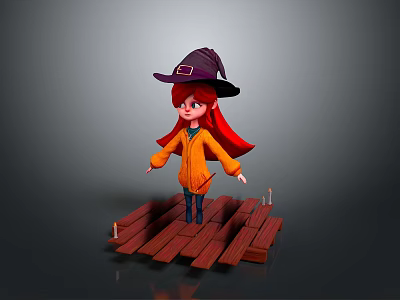 Cartoon Woman In Purple Witch Hat Red Hair Orange Coat On Wooden Platform With Candles 3d model