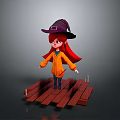 Cartoon Woman In Purple Witch Hat Red Hair Orange Coat On Wooden Platform With Candles
